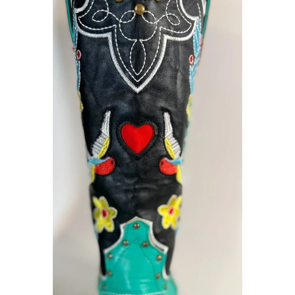 Embroidered Turquoise Cowhide Floral Snip Toe Western Cowgirl Boots Sz37 US 6.5